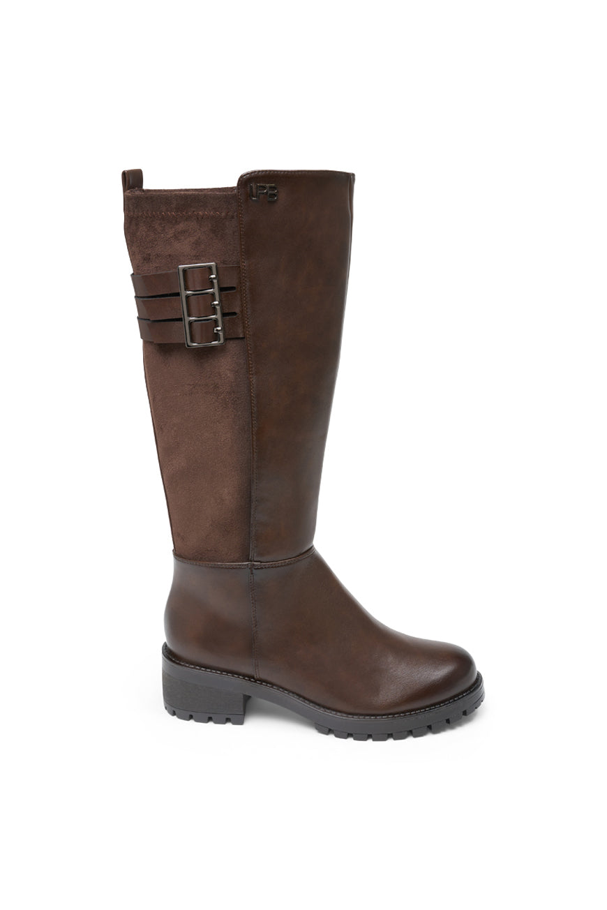 Botte Pandora marron à talon, empiècement daim et boucle triple sangle