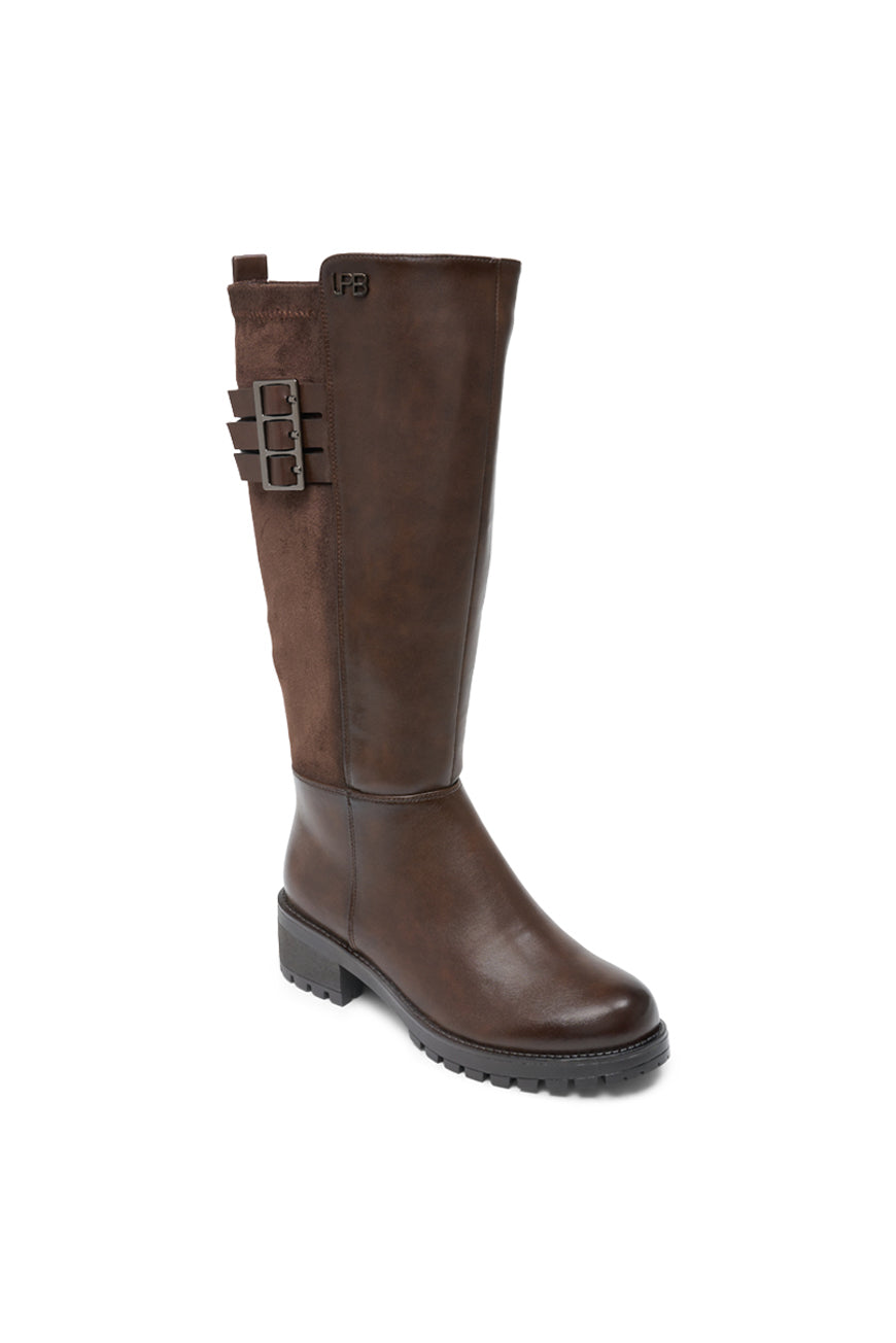 Botte Pandora marron vue de trois-quarts, empiècement daim et talon bloc