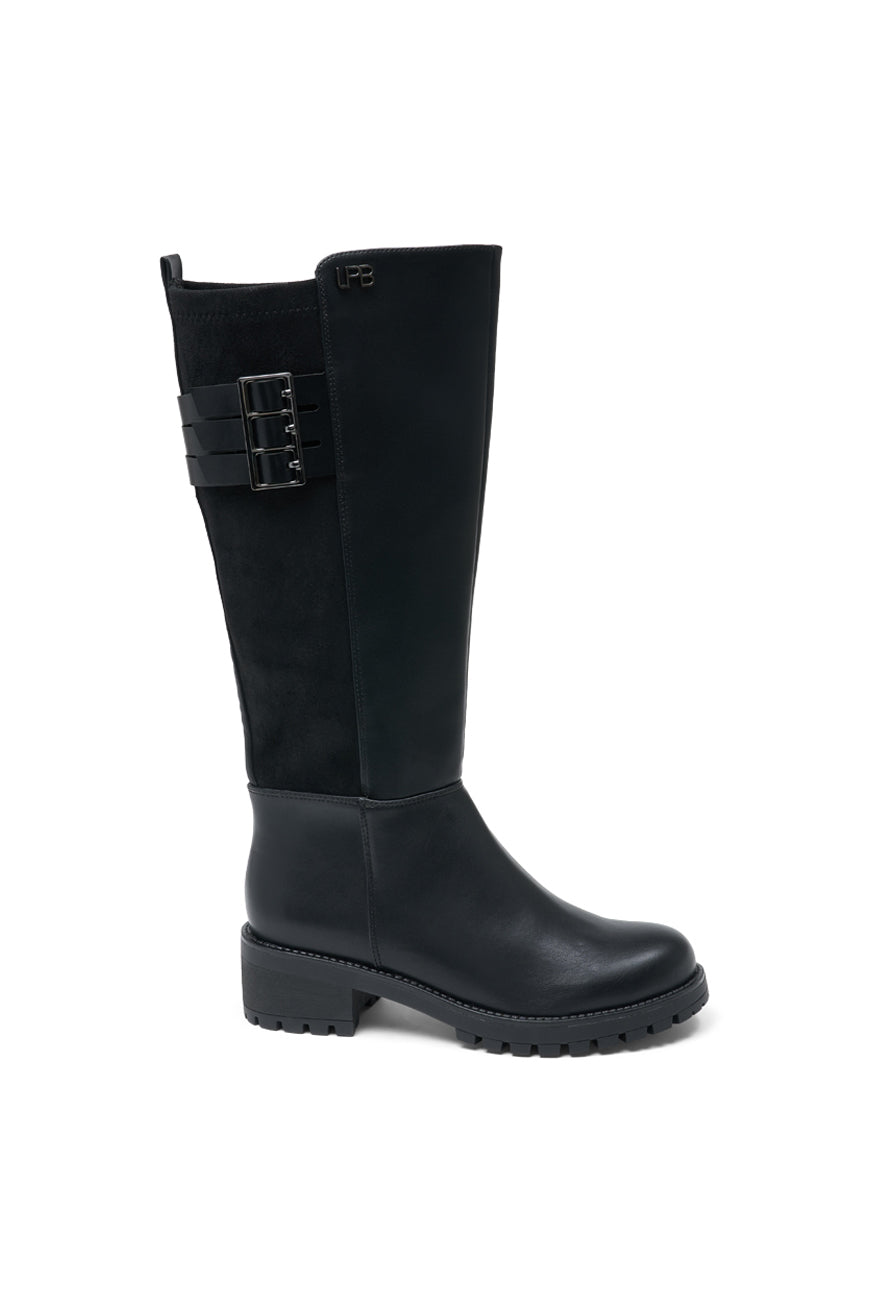 Botte Pandora noire à empiècement daim et triple boucle, talon bloc