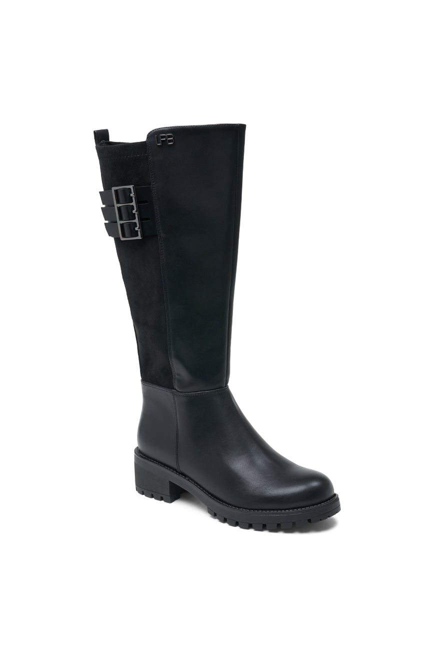 Botte Pandora noire vue de profil, empiècement daim et triple boucle métallique