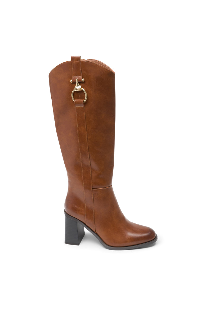 Botte Patricia camel à boucle anneau dorée, talon bloc