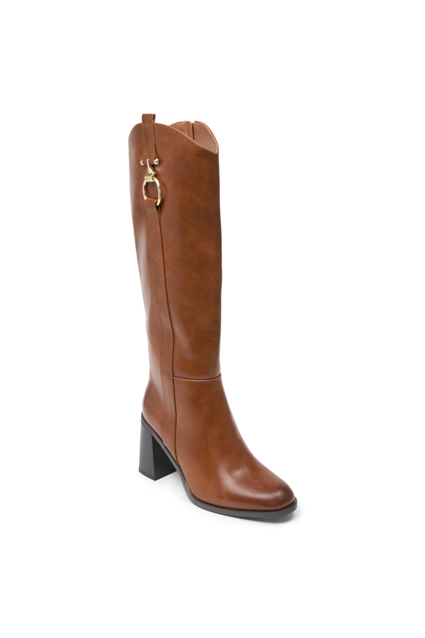 Botte Patricia camel vue de profil, boucle anneau dorée et talon bloc