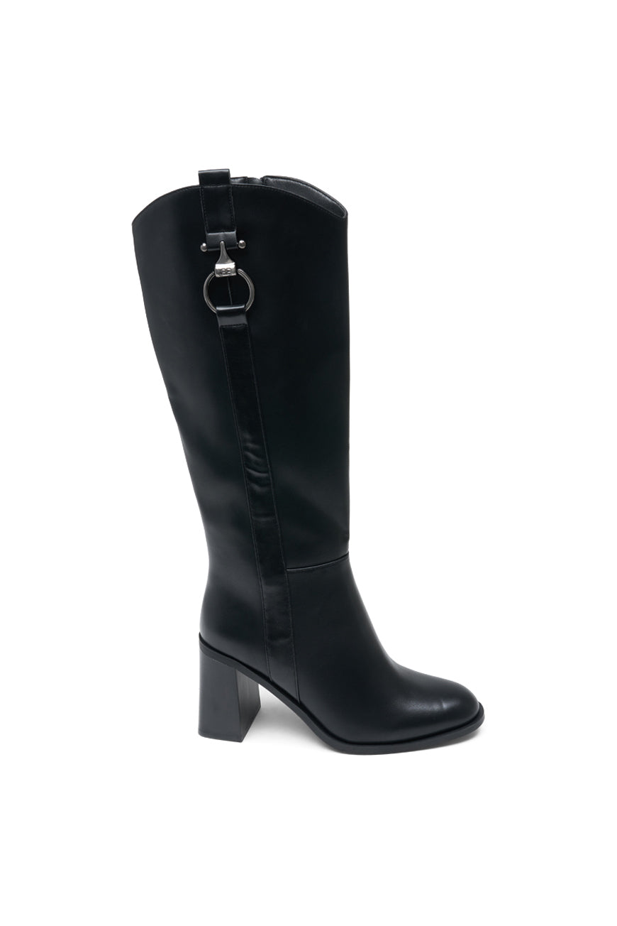 Botte Patricia noire à boucle anneau métal vieilli, talon bloc