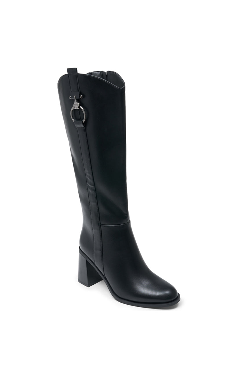 Botte Patricia noire vue de trois-quarts, boucle anneau et talon bloc