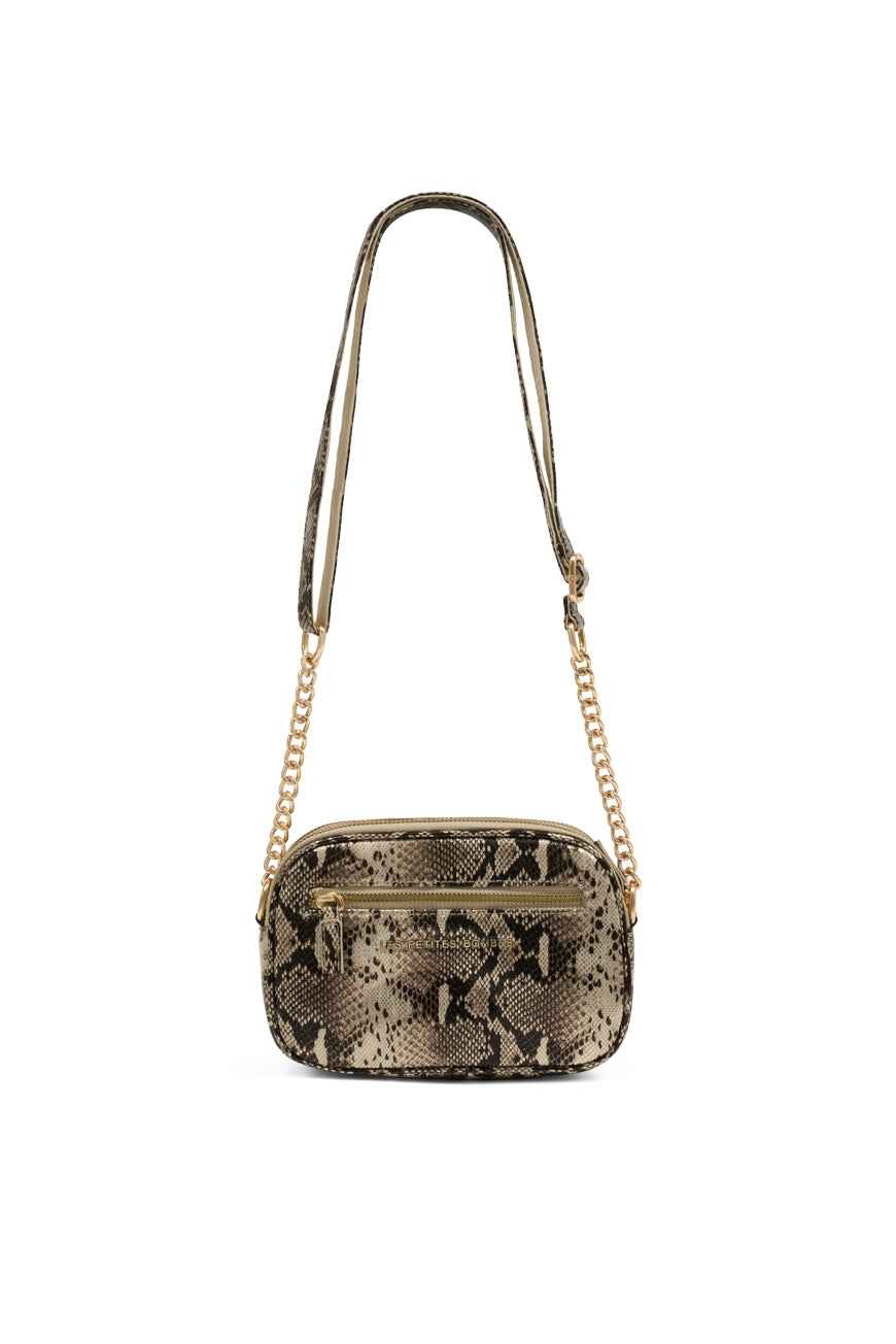 Sac bandoulière Albane python, vue de face avec chaîne dorée et poche zippée frontale.