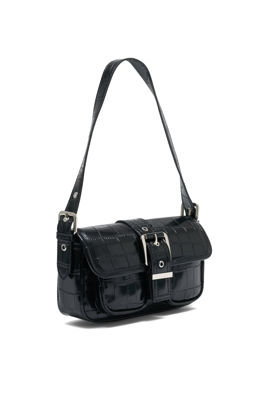 SAC BANDOULIERE PRUNE NOIR CROCO