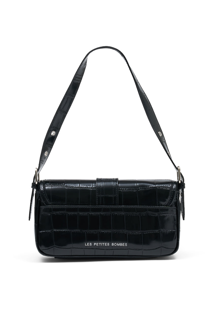 SAC BANDOULIERE PRUNE NOIR CROCO