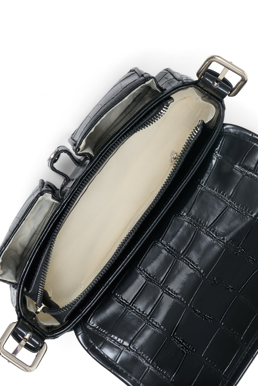 SAC BANDOULIERE PRUNE NOIR CROCO