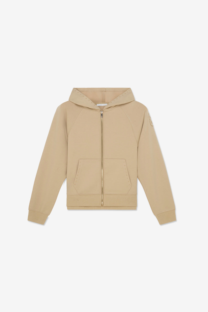 Gilet Pascalina beige zippé à capuche, vue à plat de face.