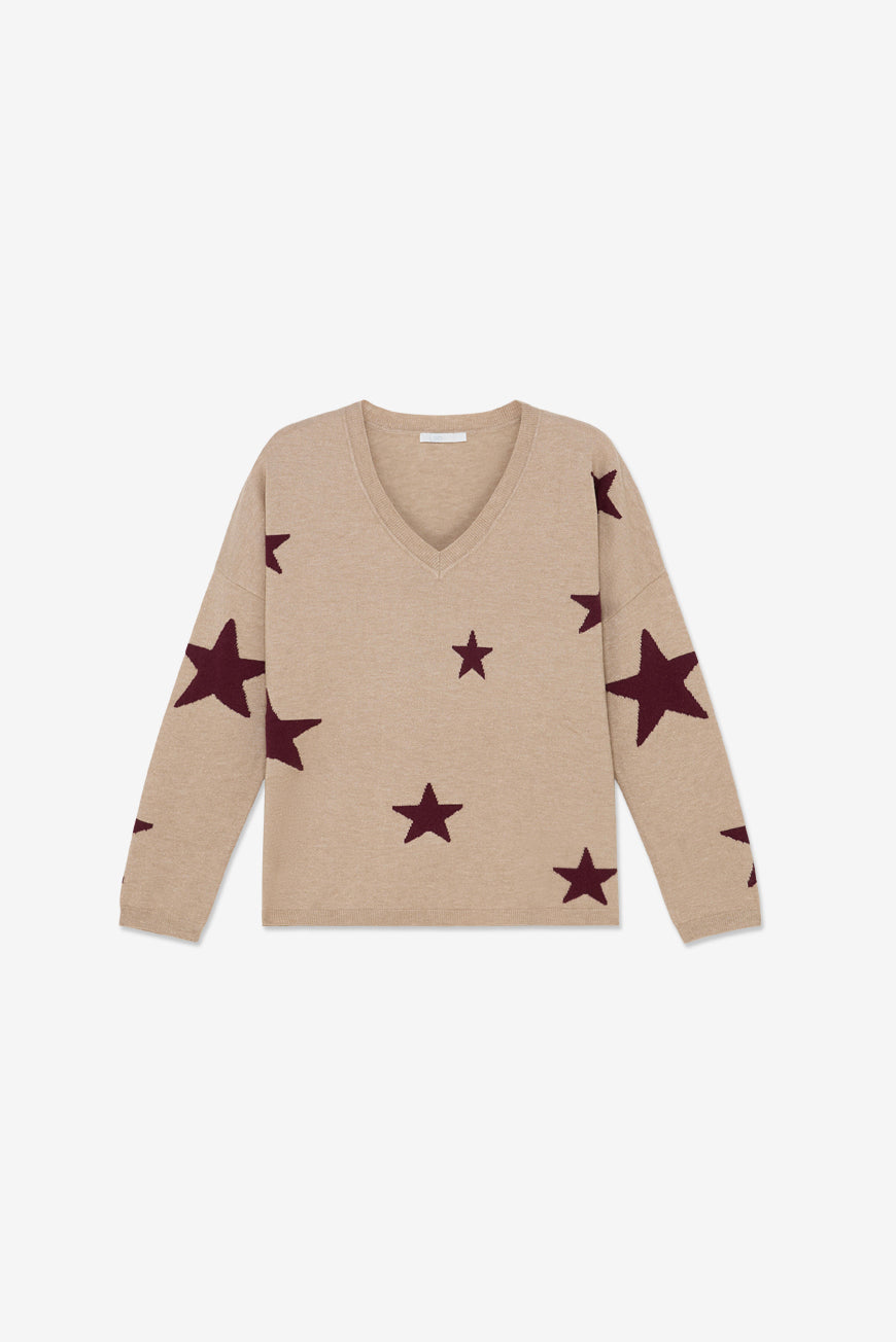 Pull Graziella sable imprimé étoiles bordeaux, vue à plat de face.