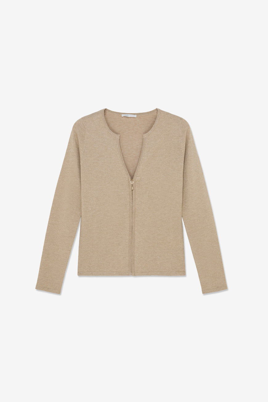 Gilet Pascale sable zippé à col en V, vue à plat de face.