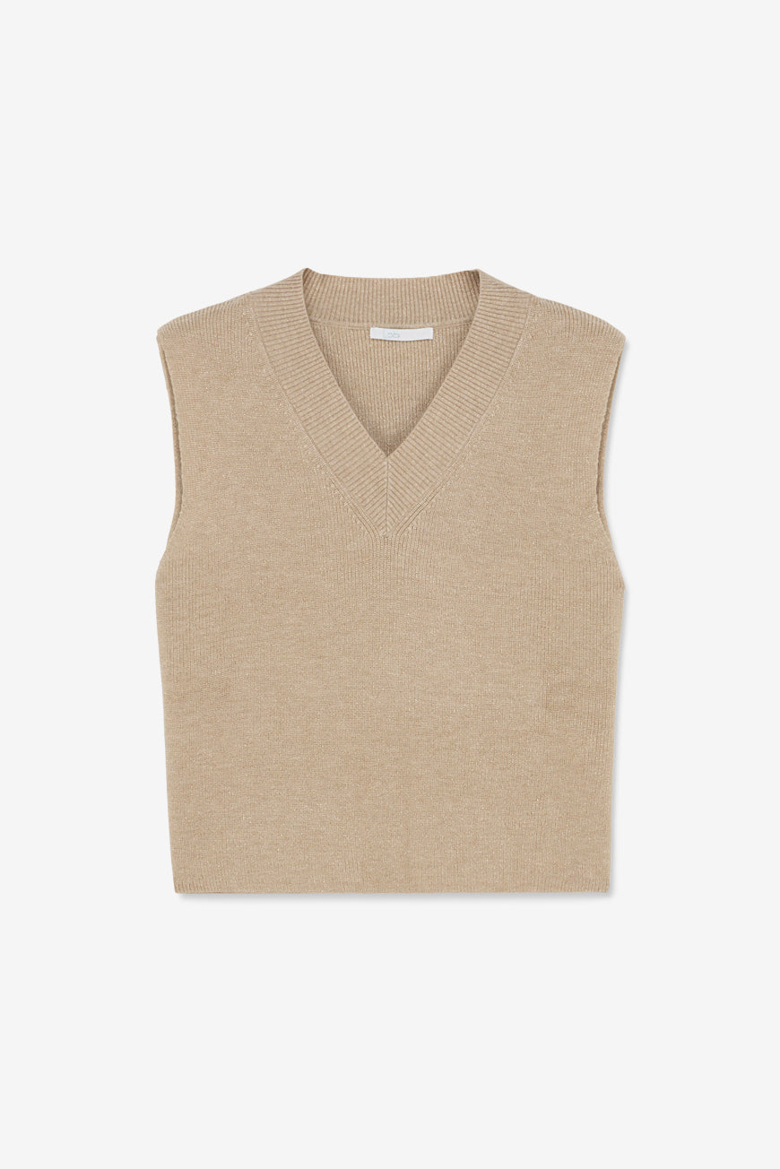 Pull Pensée sable sans manches à col en V, vue à plat de face.