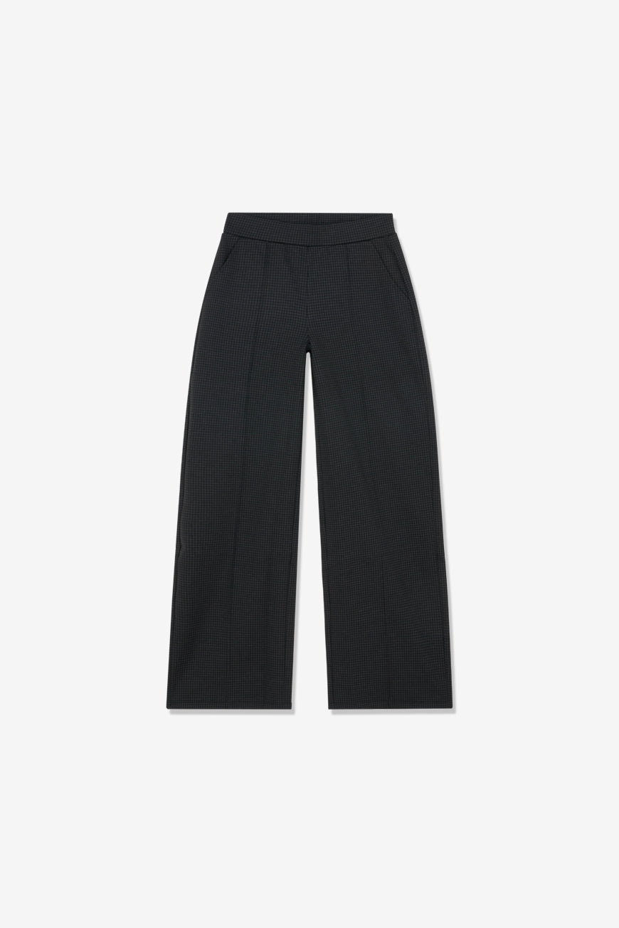 Pantalon Philippa imprimé Dundee noir large, packshot produit à plat sur fond blanc.