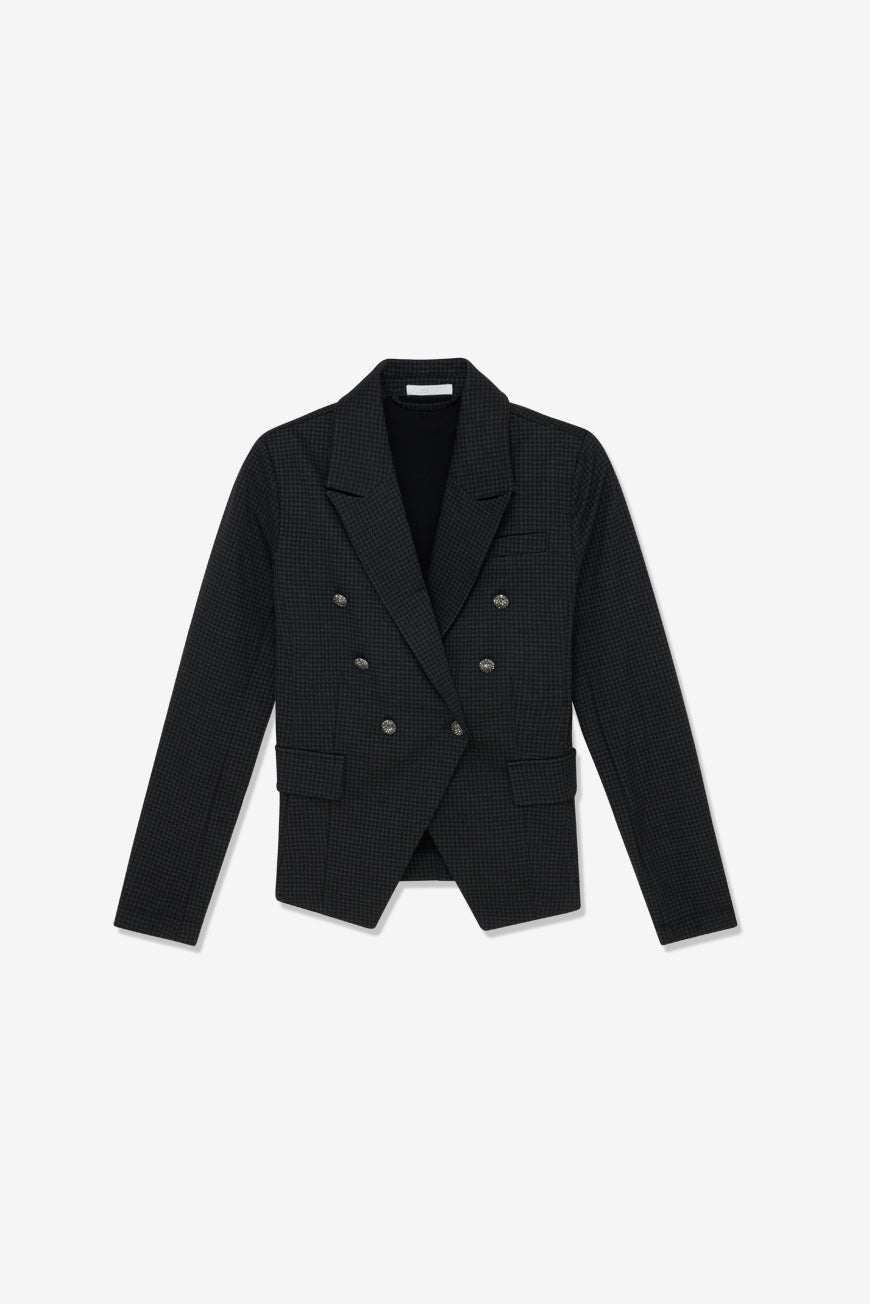 Veste Agathe imprimé Dundee noir croisée à boutons strass, packshot produit à plat sur fond blanc.