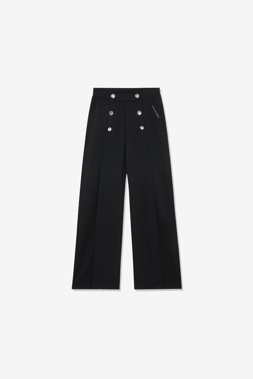 Pantalon Pharailde noir large à boutons marine, packshot produit à plat sur fond blanc.