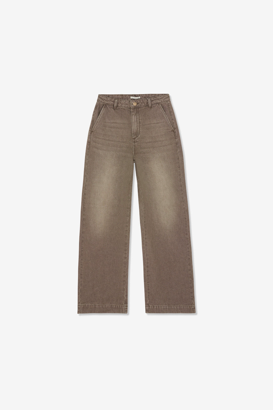 Pantalon Noeline taupe large à taille haute, packshot produit à plat sur fond blanc.