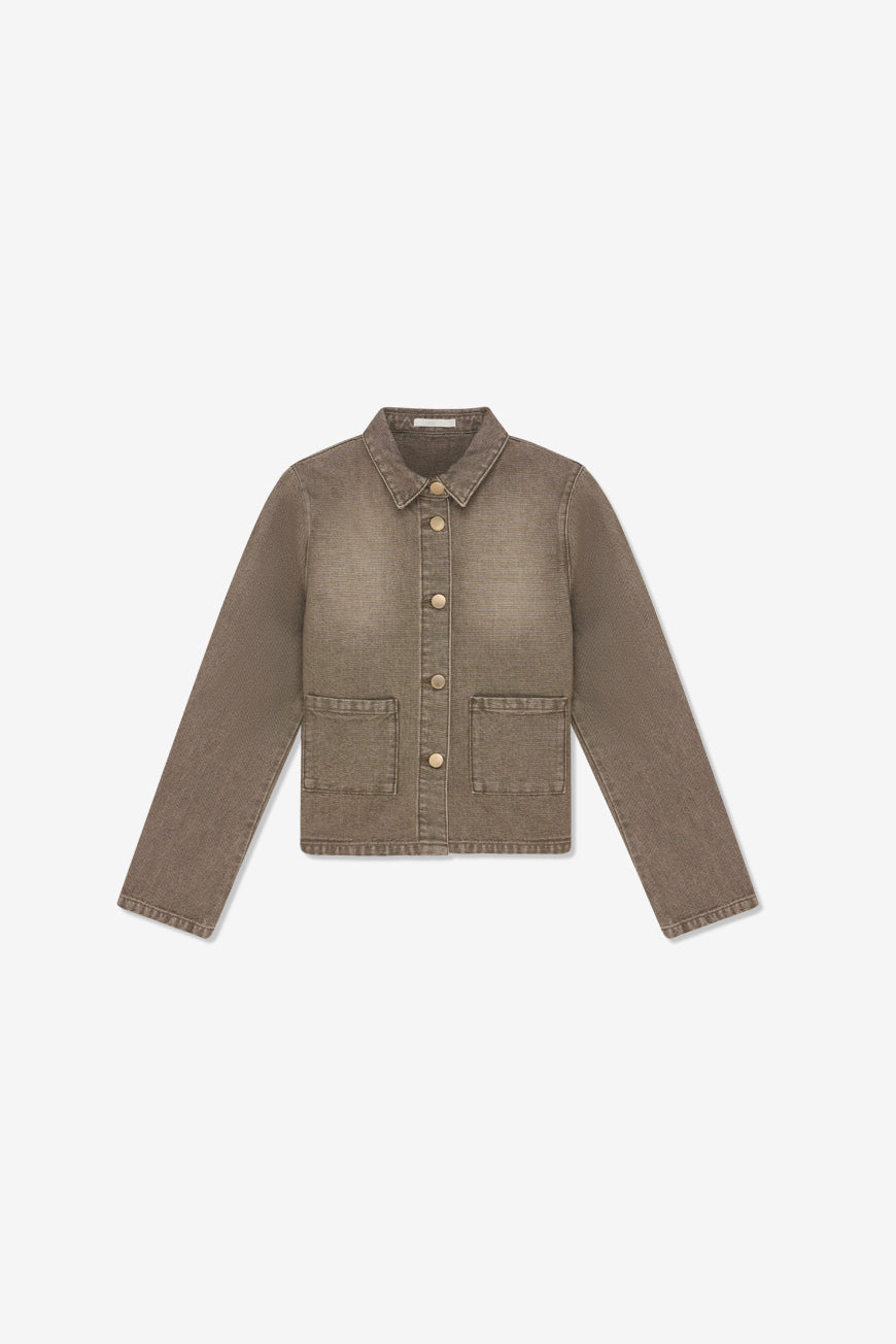 Veste Marilyn taupe en toile boutonnée, packshot produit à plat sur fond blanc.