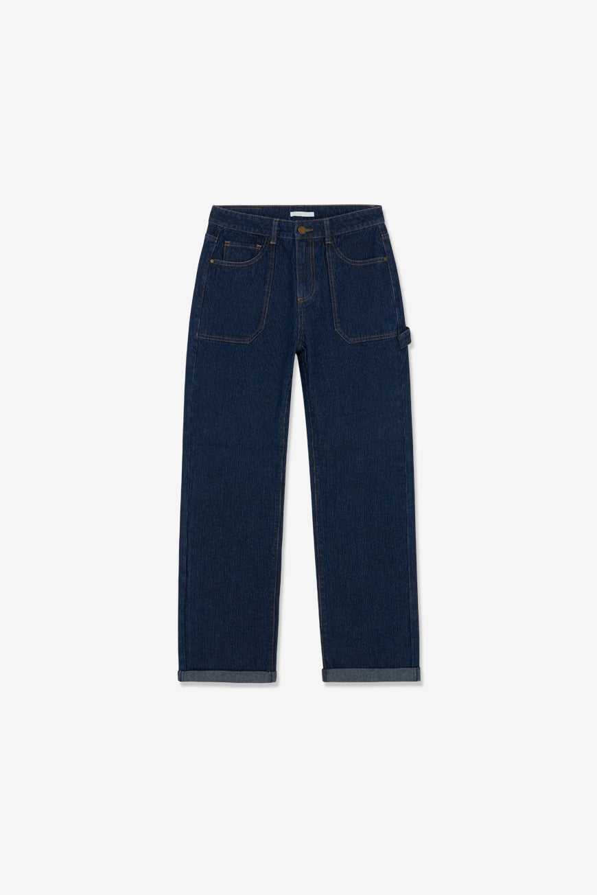 Pantalon Nathaele en jean brut rayures fines, packshot produit à plat sur fond blanc.