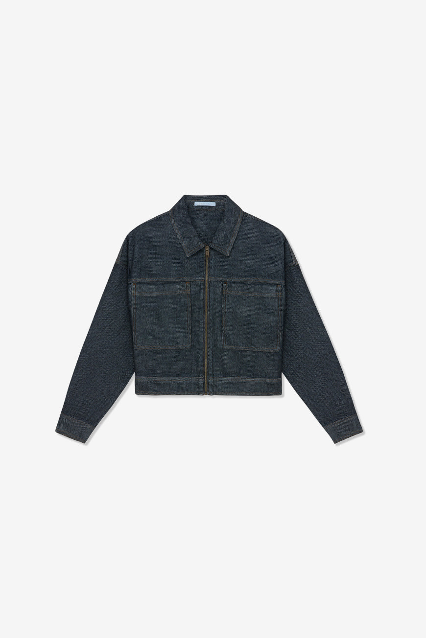 Veste Noemie noir et bleu crop zippée, packshot produit à plat sur fond blanc.
