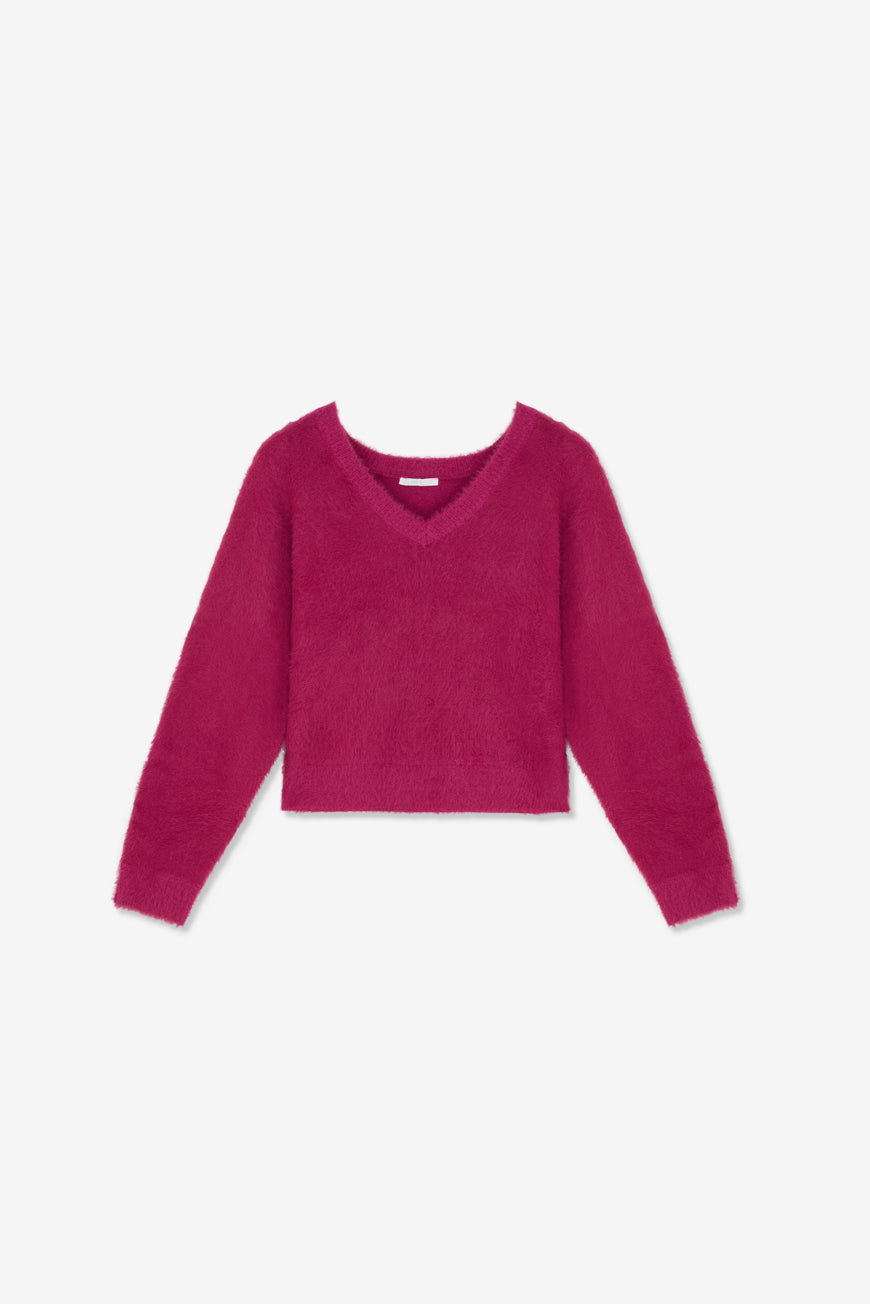 Pull Damiane magenta en maille duveteuse à col V, vue à plat