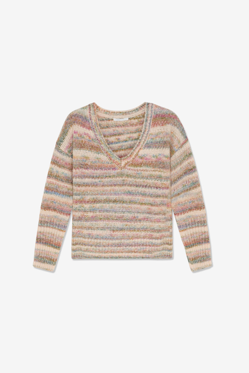 Pull Manuel à rayures multicolores et col V, vue à plat