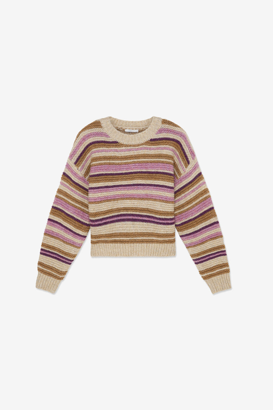Pull Marina à rayures beige, camel et prune, vue à plat