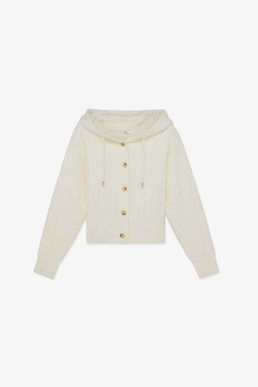 Gilet Jasmine écru à capuche en maille duveteuse, vue à plat