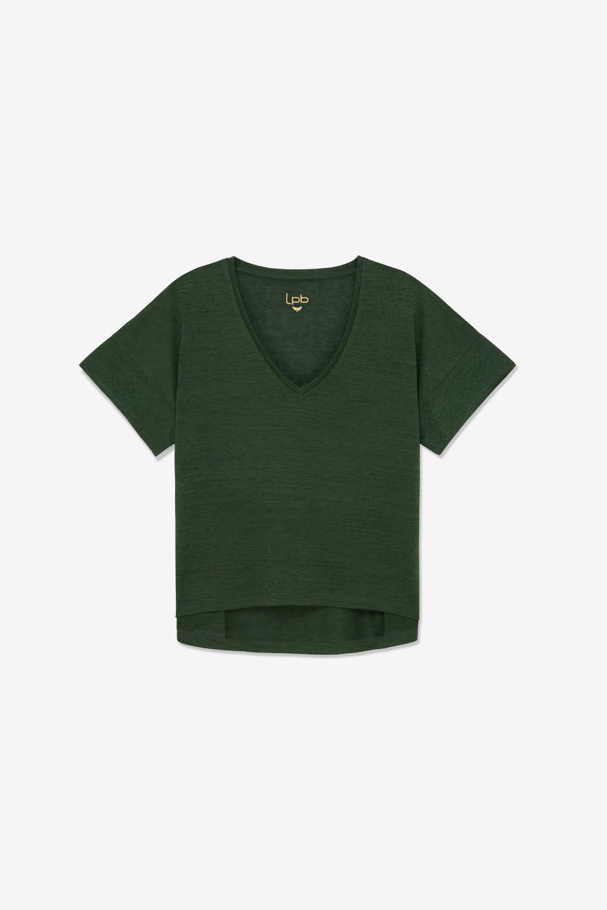 Tee-shirt Naline kaki col V, manches perforées à pois, vue à plat