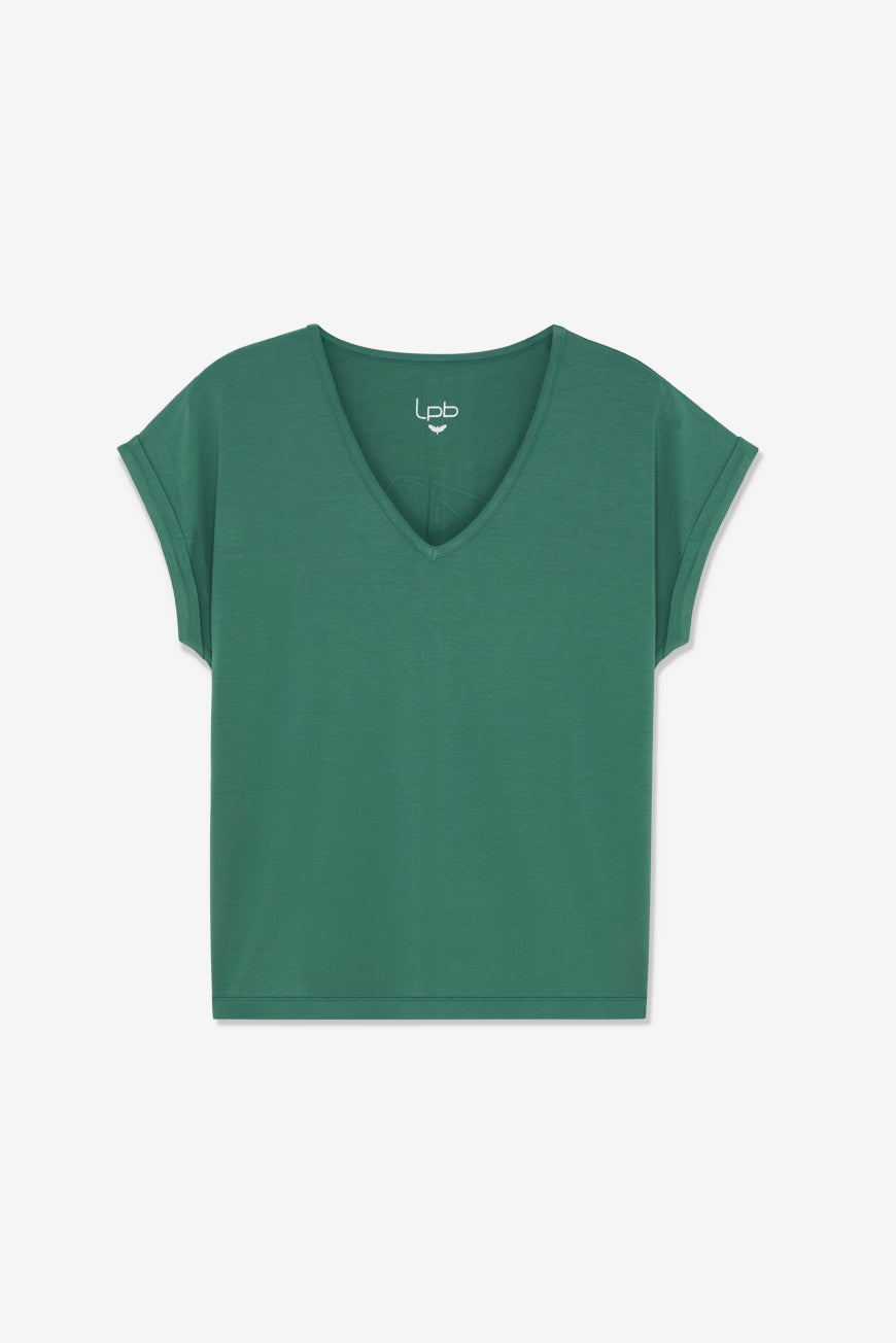 Tee-shirt Derna kaki col V, manches courtes revers, vue à plat