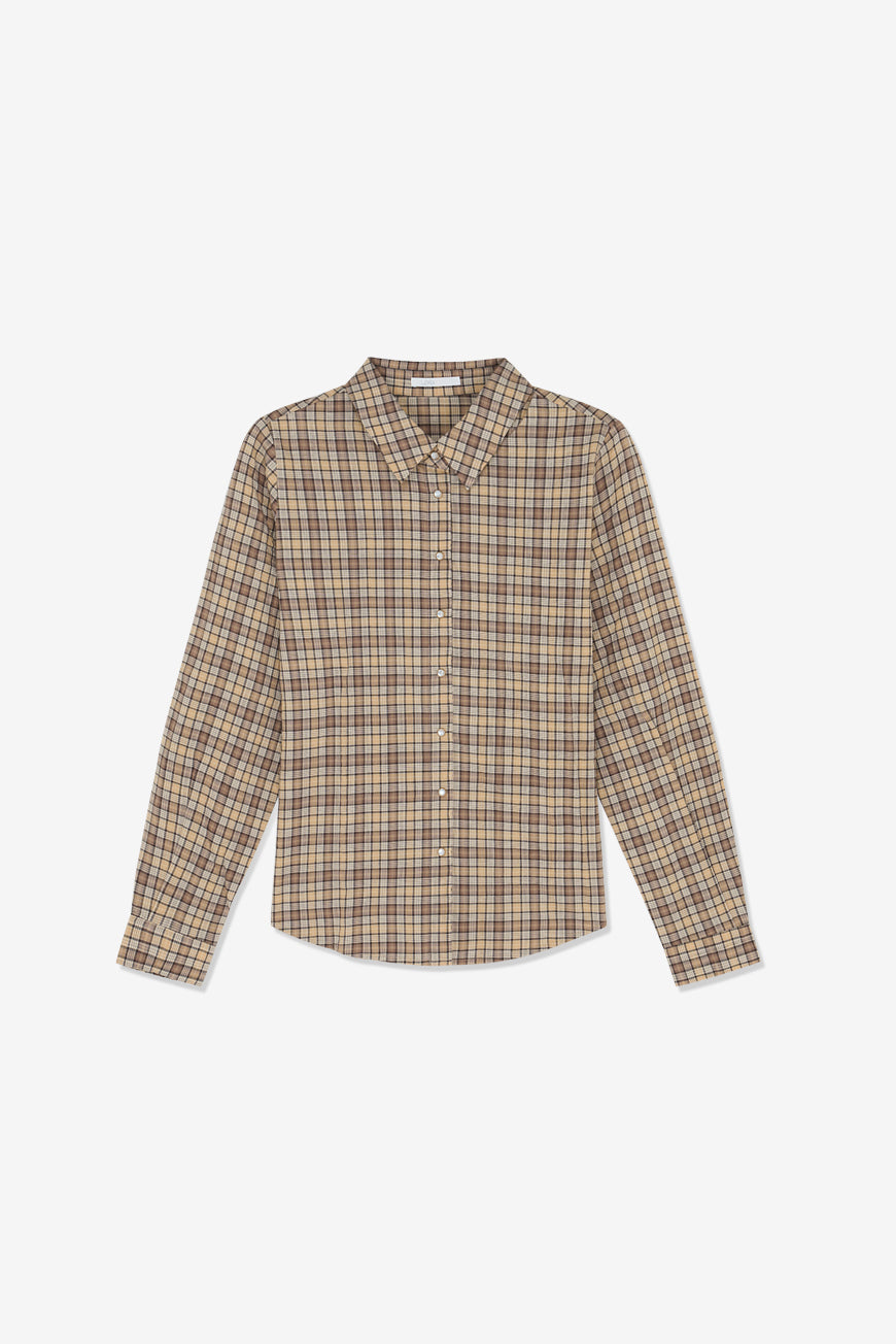 Chemise Nelia à carreaux beige et marron, col en V et manches courtes, poches plaquées, vue à plat